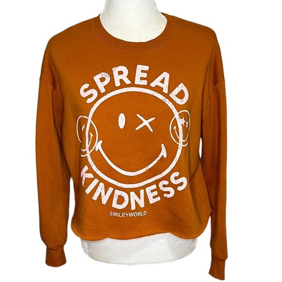 NWOT SMILEY WORLD Spread Kindness Orange Smiley Face‎ Cropped Sweatshirt Size S - Picture 1 of 10